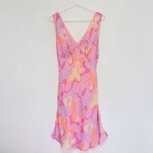 Bright Pink & Yellow Silky Sleeveless Slip Mini Dress Size 6